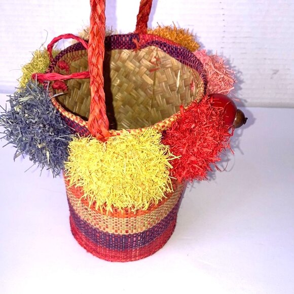 POM POM Mini Crossbody Straw Bucket Back Colorful Fun 5.75 x  5 inches - Picture 5 of 10